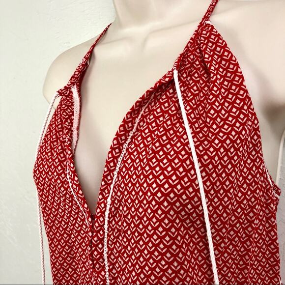 Joe Fresh Red White Tribal Print Boho Style Racerback Top Tassel Front TIe - Picture 5 of 16